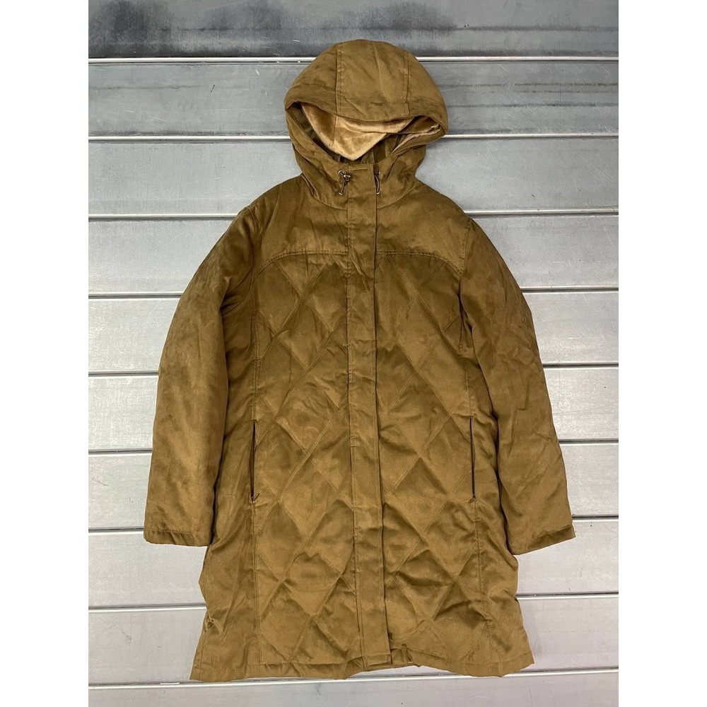 LL Bean Parka Coat Womens Large Brown Quilted Down Fill Long Fleece Lined Jacket